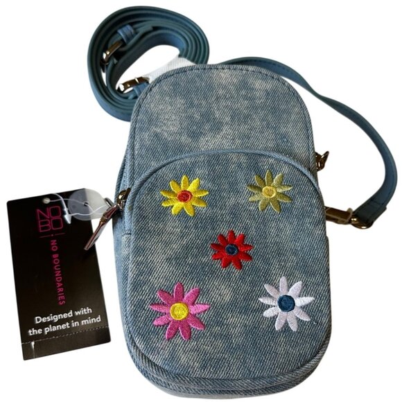 No Boundaries Rounded Phone Crossbody Blue Wash Floral 100% Polyester-NWT - Picture 1 of 16